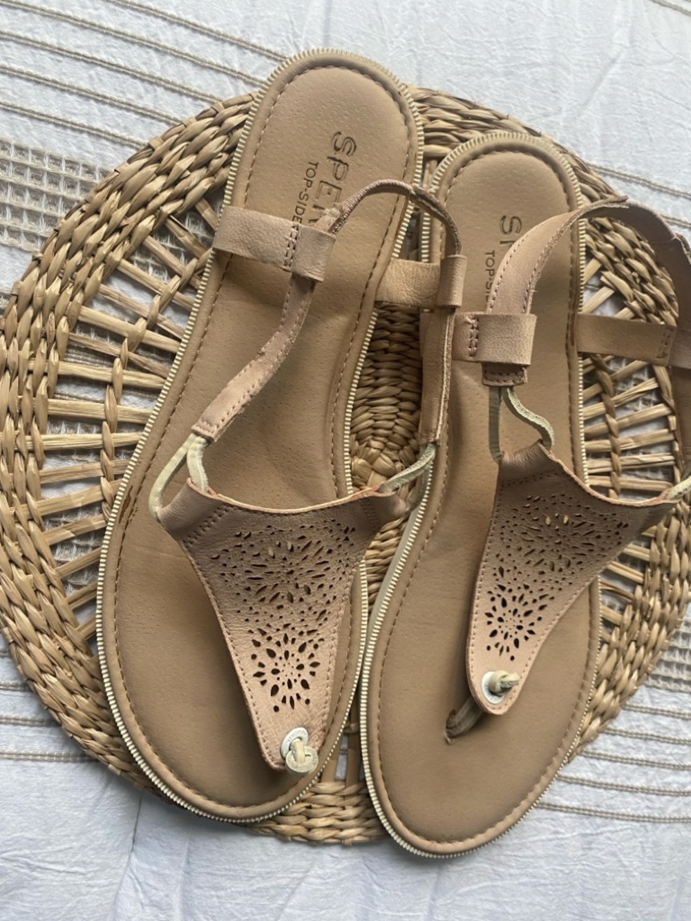 Sperry Top Slider Calla Jade in Tan Laser-Cut Thong Sandals - Picture 6 of 8